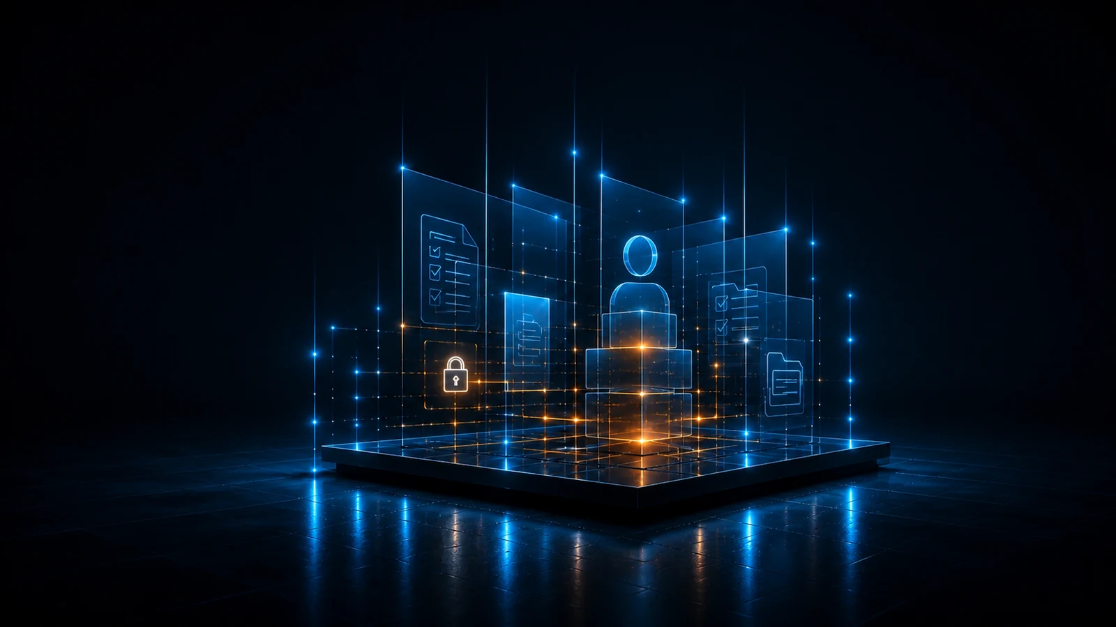 Futuristische Visualisierung eines externen Datenschutzbeauftragten mit Benutzerprofil, Dokumenten, Schloss und digitalen Prüfprozessen