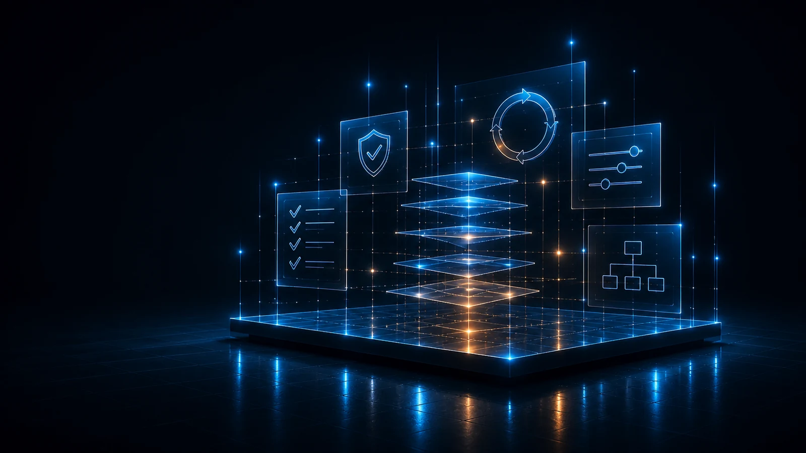 Holografisches Informationssicherheits-Managementsystem mit Prozessschichten, Schutzsymbol, Checklisten und Ablaufdiagrammen