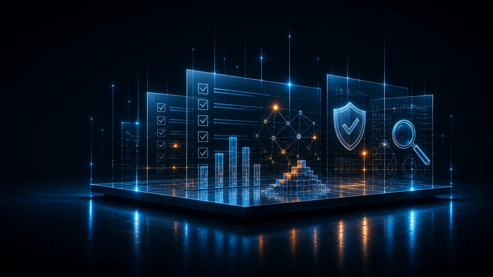 Digitale IT-Audit- und Sicherheitsanalyse mit Checklisten, Diagrammen, Netzwerkanalyse, Schutzschild und Lupe