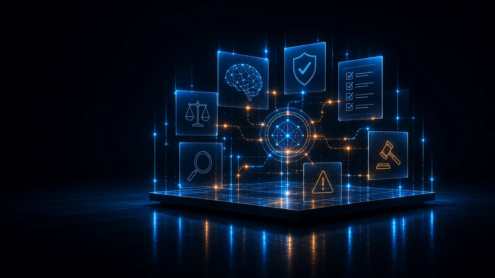 Holografische Darstellung von KI-Compliance mit Gehirn, Schutzschild, Checkliste, Risiko- und Rechtssymbolen